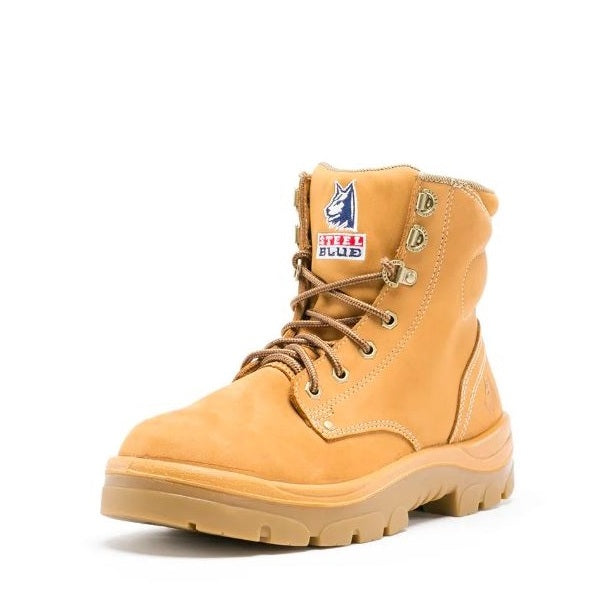 Yellow boot with a brand logo on a white background