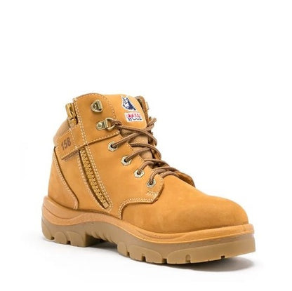 Yellow work boot with brand logo on a white background