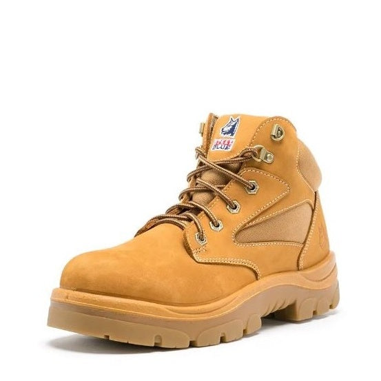 Yellow work boot with brand logo on a white background