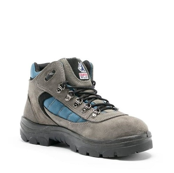 Gray hiking boot with blue lining on a white background