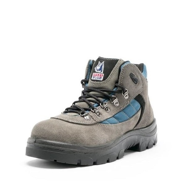 Gray and blue work boot with brand logo on a white background