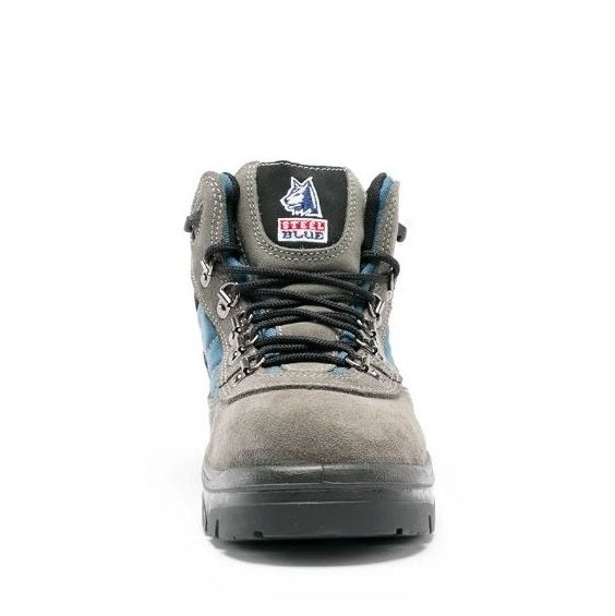 Gray high-top boot with blue accents on a white background