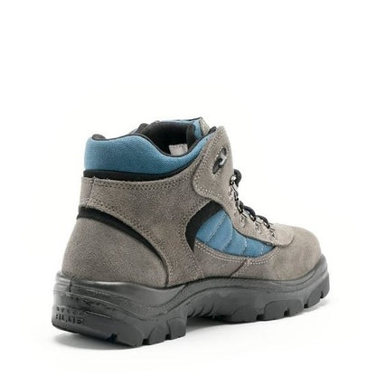 Gray hiking boot with blue accents on a white background