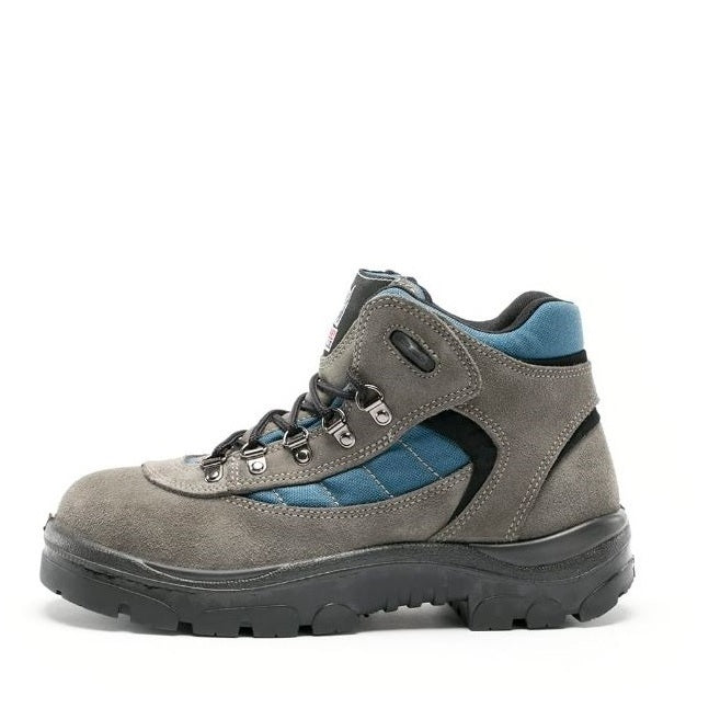 Gray hiking boot with blue lining on a white background