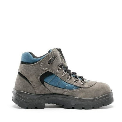 Gray hiking boot with blue lining on a white background