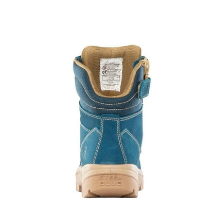 Blue boot with beige sole and heel on a white background