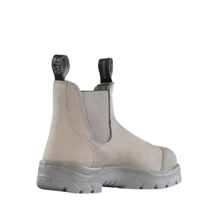 Grey Chelsea boot with black accents on a white background