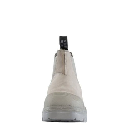 Grey Chelsea boot with a visible brand label on a white background