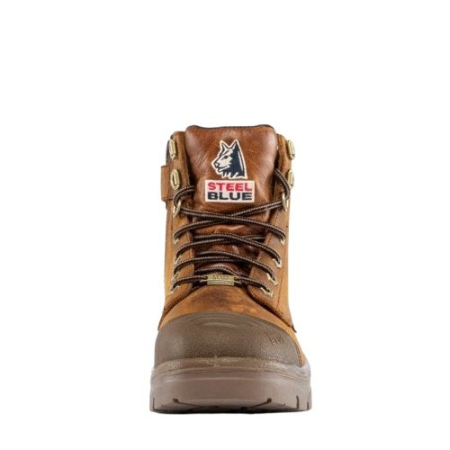 Brown work boot with Steel Blue logo on a white background