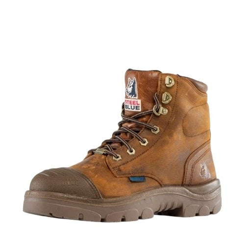 Brown work boot with visible brand logo on a white background
