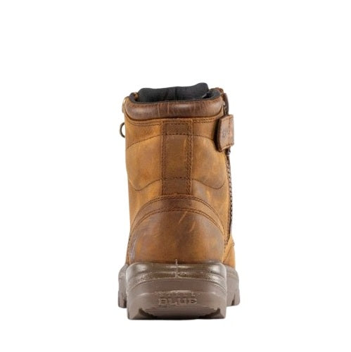 Brown leather boot with visible brand name on a white background