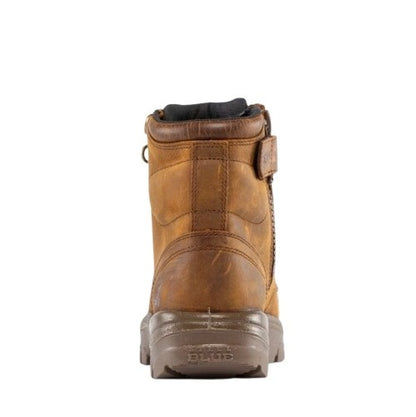 Brown leather boot with visible brand name on a white background
