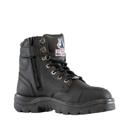 Black safety boot with visible branding on a white background