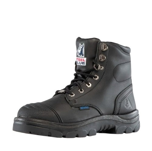 Black work boot with visible branding on a white background