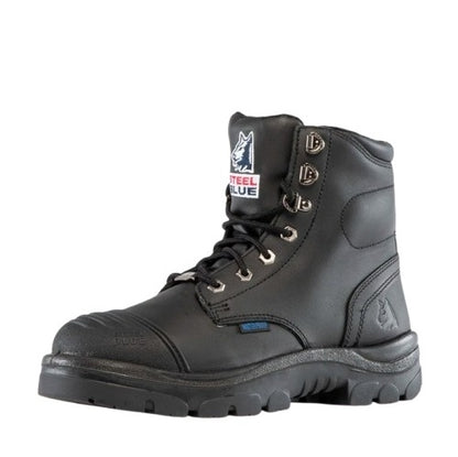 Black work boot with visible branding on a white background