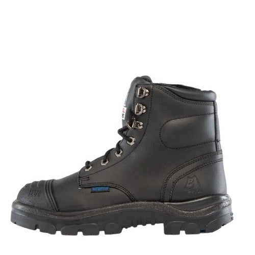 Black work boot with a white background