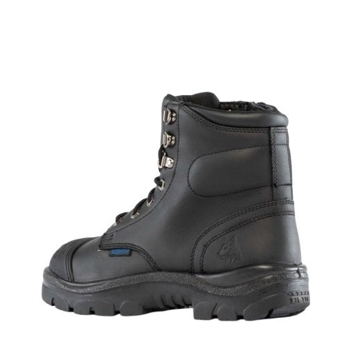 Black leather boot with a visible brand logo on a white background