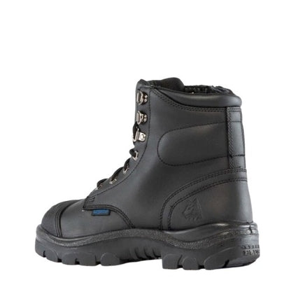 Black leather boot with a visible brand logo on a white background