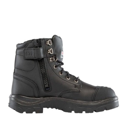 Black boot with a zipper on a white background