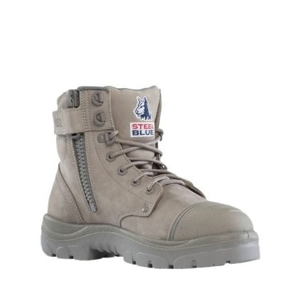 Gray safety boot with visible branding on a white background