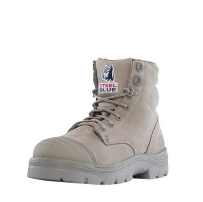 Grey work boot with 'Steel Blue' logo on a white background