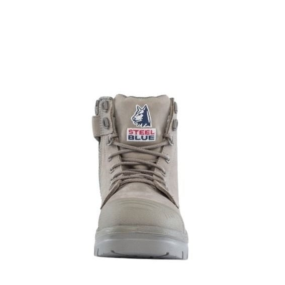 Grey boot with Steel Blue logo on a white background