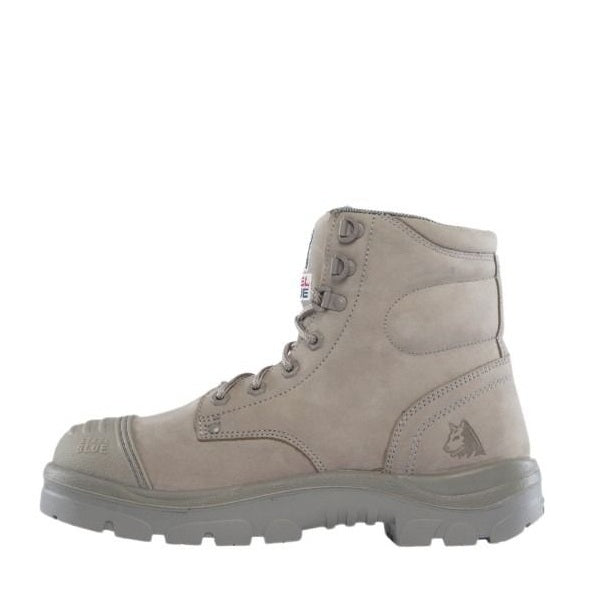 Grey boot with a brand logo on a white background