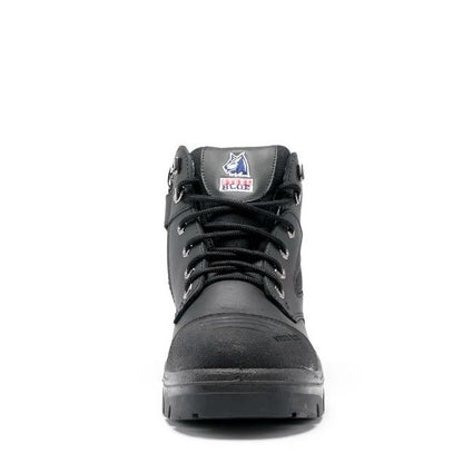 Black high-top sneaker with a brand logo on a white background