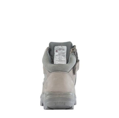 Gray boot with a visible brand label on a white background