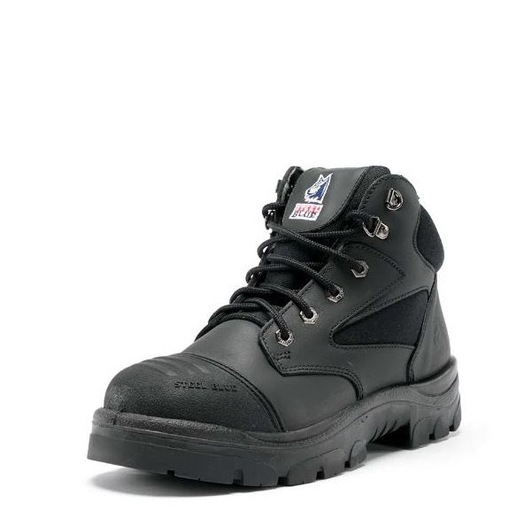 Black safety boot with brand logo on a white background