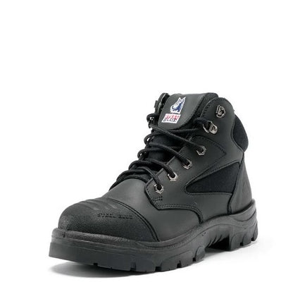 Black safety boot with brand logo on a white background