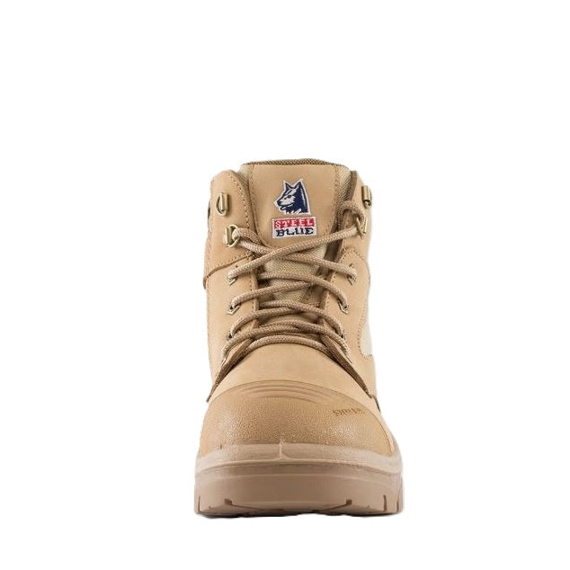 Tan boot with brand logo on a white background
