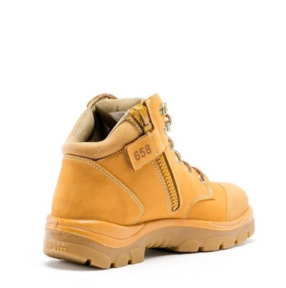 Yellow boot with a visible brand number on a white background