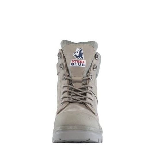 Grey boot with 'Steel Blue' logo on a white background