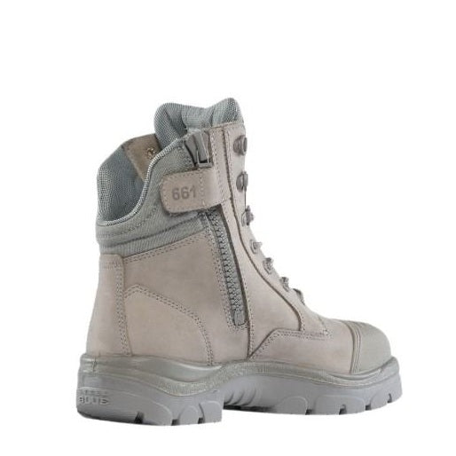 Grey boot with visible brand logo on a white background