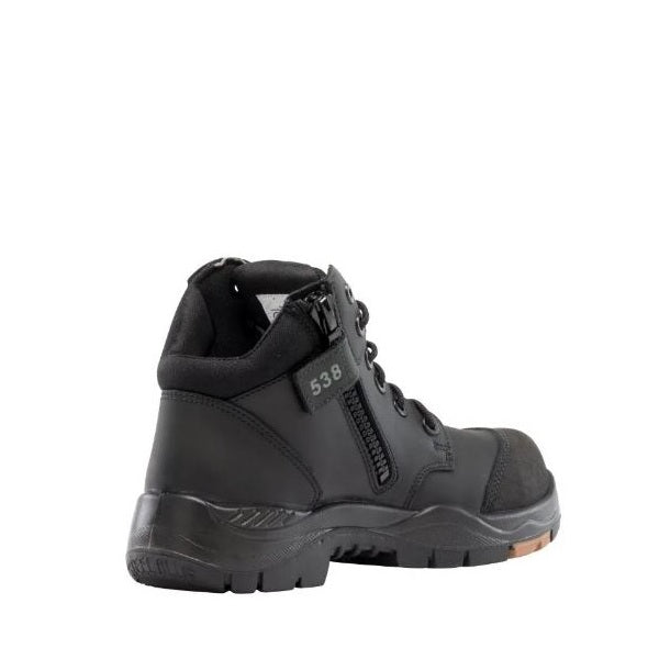 Black hiking boot with brand logo on a white background