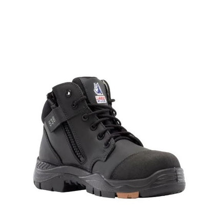 Black work boot with visible brand logo on a white background