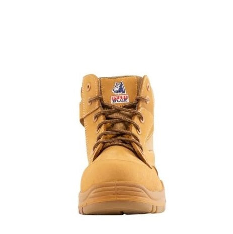 Yellow boot with a brand logo on a white background