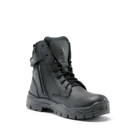 Black leather boot with zipper on a white background