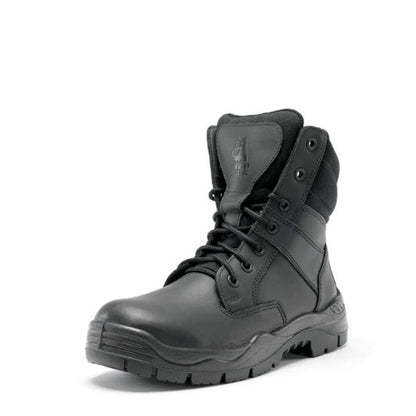 Black boot with a brand logo on a white background
