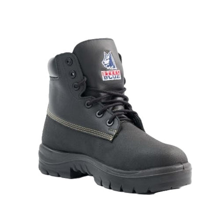 Black high-top sneaker with red Nike logo on a white background