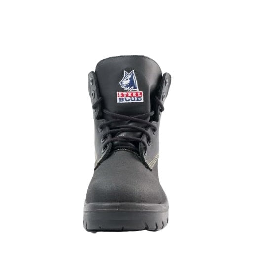 Black boot with a visible brand logo on a white background