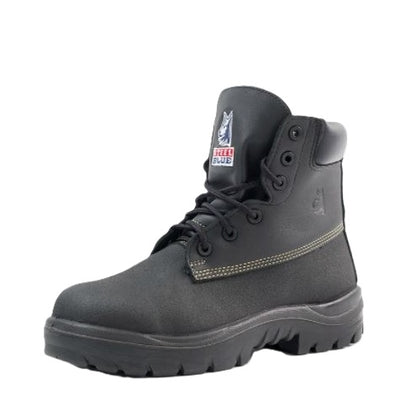 Black boot with a brand logo on a white background