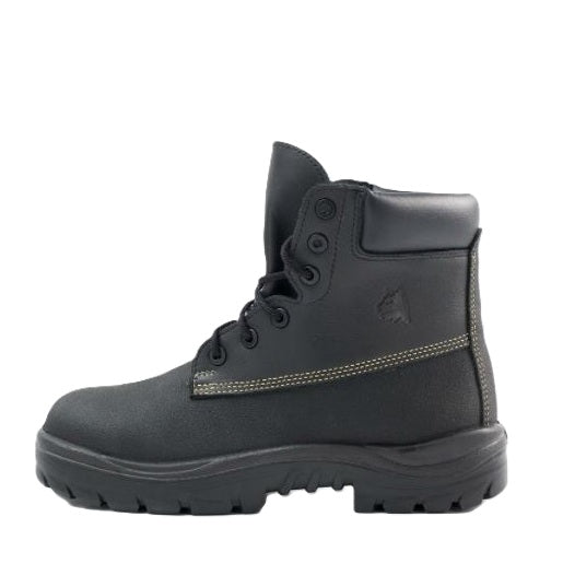 Black boot with a visible brand logo on a white background