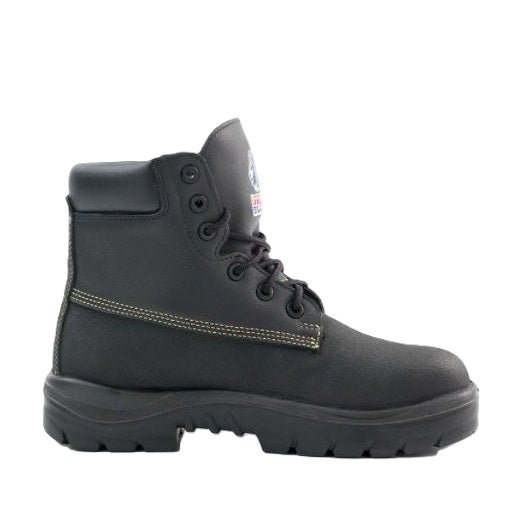 Black boot with visible brand logo on a white background