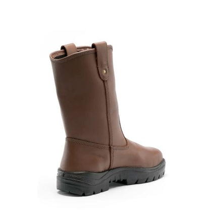 Brown leather boot with a black sole on a white background
