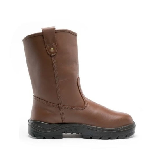 Brown boot with a black sole on a white background