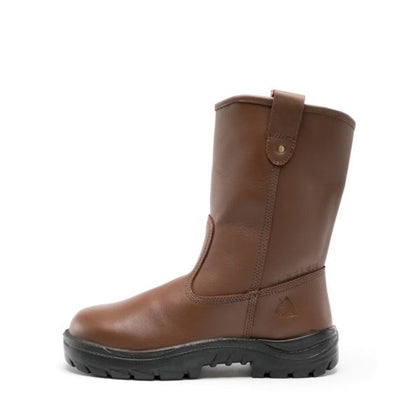 Brown leather boot with a black sole on a white background