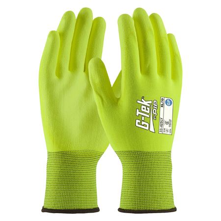 PIP 33-425LY G-TEK 13gg HI-VIS POLYESTER GP PU PALM DIP - Hi-Vis Yellow - Pair Back-of-Hand View