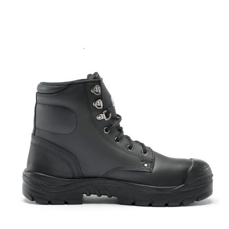 Black leather boot with a white background